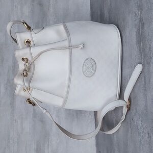 Vintage Gucci White Leather and Canvas Bucket Bag OPHIDIA BUCKET CROSSBODY BAG